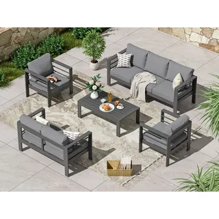 MeXo Gartenlounge-Set XXL Gartenmöbel Set Aluminium Outdoor, (Gartenmöbel Set, 5-tlg., 1×3-Sitzer Sofa, 1×2-Sitzer Sofa, 2×Sessel, 1×Tisch, 14×Auflagen), wetterfest Sitzgruppe Essgruppe Gartengarnitur für 6-7 Personen grau