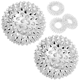 URAQT Magnetischer Akupressurball,2 Stück Igelball Small und 3 Massageringe für Finger, 47 mm Magnetic Spiked Massage Ball für Stress Relief für Rücken Beine Füße Hände(Silber)
