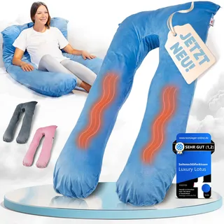 Luxury Lotus Seitenschläferkissen [Beheizt] XXL Schwangerschaftskissen | U Form |Schlafkissen mit Bezug für Ischias-, Hüft-, Knie & Rückenschmerzen | Himmelsblau