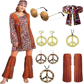 XCMVCN 11 Stück Hippie Kostüm Damen Set, 60 70er Jahre für Damen Hippie Kleidung, Halloween Kostüm Karneval Kostüm Disco Party Cosplay Faschingskostüme - XL