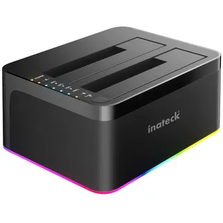Inateck RGB USB 3.0 USB-C Port Festplatten Dockingstation mit Offline-Klonen, für 2,5/3,5 Zoll SATA HDDs und SSDs, 2 x 20TB Dual Bay Docking Station, UASP unterstützt, SA02003C