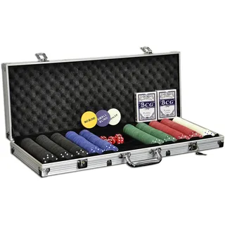 Nexos Trading Pokerkoffer Starter-Poker-Set mit 500 Poker-Chips im Alu Koffer mit 2 Schlüssel Silber inkl. 2 Kartendecks 1 Dealer Button 5 Würfel