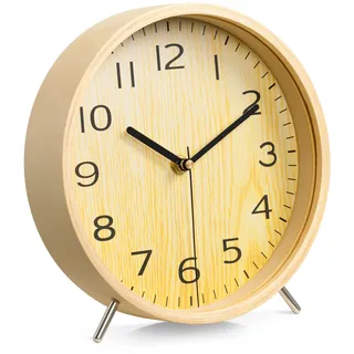 Navaris Analog Holz Tischuhr rund - 21,1 x 21,8 x 4,8cm - analoge Deko Tisch Uhr ohne Ticken mit Holz Ziffernblatt - leise Zeiger Holzuhr Hellbraun