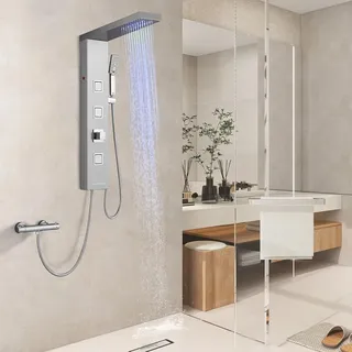 Duschpaneel ohne Armatur, LED Duschpaneel mit Regendusche, Massagedüsen, Handbraus,Wasserfall,304 Edelstahl Duschpaneel ohne Thermostat,Gebürstet