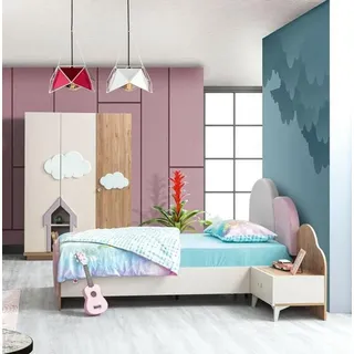 JVmoebel Kinderzimmer-Set Rosa aus Holz mit Nachttisch und Kleiderschrank),