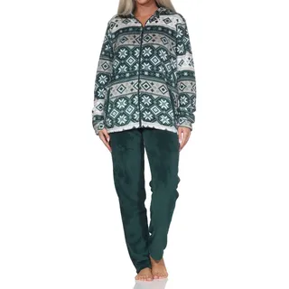 Normann Damen Hausanzug aus Coralfleece Freizeitanzug in Norweger Optik, Farbe:grün, Größe:44/46 - 44-46