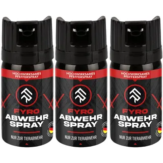 FYRO Pfefferspray zur Selbstverteidigung 3er Pack | KO Spray | Abwehrspray | Jet - Fog Sprühstrahl | 4 Meter Reichweite | Verteidigungsspray zur Tierabwehr | Hundeabwehr | 40 ml | klein