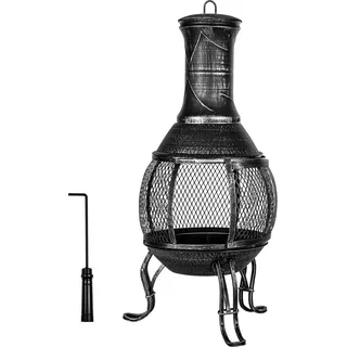 STILISTA Terrassenofen 89 cm aus Gusseisen mit Funkenschutz und Schürhaken, Silber Grau