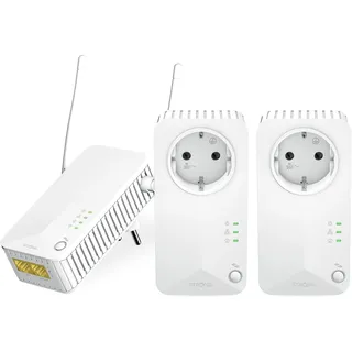 Strong - Powerline 600 Triple Wi-Fi EU Set - 2 Powerline 600 Mbps + WLAN Adapter 300 Mbps, Fast-Internetzugang - integrierte Steckdose - 300 m Reichweite - Für alle Router - Hotspot + Ethernet - weiß