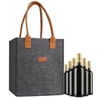 1.5L Flaschentasche für 6 Flaschen, Flaschenträger 6 Flaschen, Stabil Filz Flaschenträger mit Griff, Flaschenkorb,Getränketasche für Weinflaschen, Bierflaschen, Getränkeflaschen, Wasserflaschen (grau)