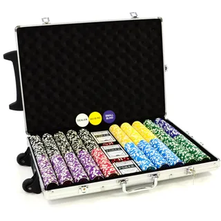 Nexos Trading Trolley Pokerkoffer 1000 Chips Laser Pokerchips Poker Komplett Set Trolley Koffer aus Aluminium mit Schloss + Schlüssel + Griff und Rädern 11g Chip mit Metallkern inkl. Kunststoffkarten