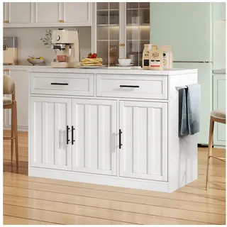 Odikalo Kücheninsel küchenschrank mit Steckdosen & USB-Anschlüsse weiss/schwarz/blau, (120x60x91cm, Kücheninsel, Steckdosen, USB-Anschlüsse, 1,5m langes Netzkabel, verstellbare Einlegeböden, Metallgriffe, Handtuchhalter, Barbereich, geeignet für Wohnungen, Küchen und ähnliche Räume)