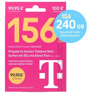 Telekom MagentaMobil Prepaid Jahrestarif Simkarte mit 100 € Startguthaben Prepaidkarte, (EU-Roaming inkl. Schweiz und Großbritannien)