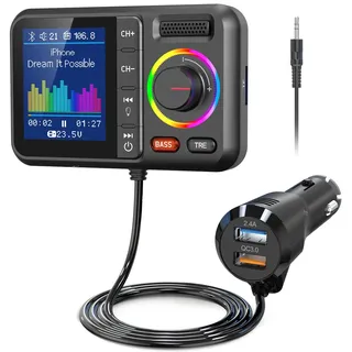 Nulaxy Bluetooth Adapter Auto FM Transmitter Bluetooth V5.0 Großer Bildschirm Unterstützung für Handfreie Anrufe Siri&Google MP3-Musik wiedergabe Subwoofer &TRE-Erweiterungen TF-Karte/AUX-KM28 Schwarz