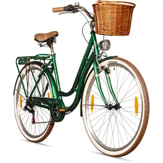 Bergsteiger Marseille 28 Zoll Damenfahrrad, ab 150 cm, Korb aus Rattan, Fahrrad-Licht, Damen-Citybike, Damenrad im Retro-Design«, 6 Gang Tourney Schaltung, Kettenschaltung