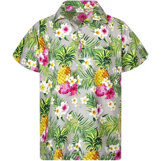 King Kameha Funky Hawaiihemd Kinder Jungen Mädchen Kurzarm Fronttasche Hawaii-Print Unisex Ananas Blätter Muster - 10 Jahre