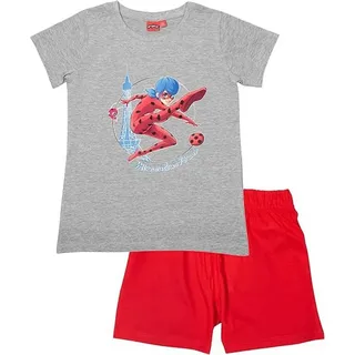 COFI United Labels Miraculous Schlafanzug für Mädchen - Ladybug Kinder Pyjama Set Kurzarm Oberteil mit Hose Grau/Rot 110/116