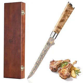 zayiko MysticMagma Damast Ausbeinmesser I 18 cm Klinge aus 67 Lagen Damaststahl mit Kupfer- und Bronze-Einlage I DualCurve Griff aus Ahornwurzelholz I in edler Holzbox