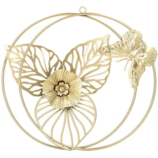Tissting Gold Wanddeko Skulptur 32cm Rund 3D Stereo Blumen Schmetterlings Wand Dekoration Metall Minimalistisches Modernes Deko Wandkunst Wandbehang für Schlafzimmer, Wohnzimmer