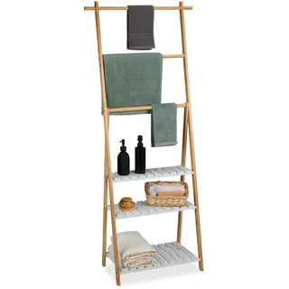Relaxdays Handtuchständer, 3 Stangen, 3 Ablagen, HBT: 151 x 64,5 x 32 cm, Bambus, MDF, Bad Duschtuchhalter, natur/weiß