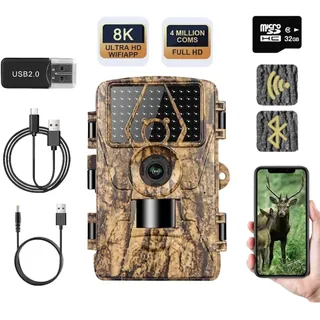 ZYJDGNNY 8K 60MP WiFi Wildlife Camera with Night Vision and 32GB SD Card, Motion Activated IP67 Waterproof 100ft Range 120° Wide Angle, 42pcs Infrared LEDs Without Glow