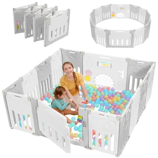 Dripex Laufstall Baby, laufgitter baby aus Kunststoff, laufstall baby faltbar 150×150cm, laufstall mit Tür und Spielzeugboard 14-Paneele