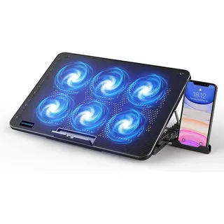 LIANGSTAR Kühler, 6 Leise Fans Gaming Cooler Kühlpads, 7 Höhenverstellbar & Handyständer, 2 USB Ports & Einstellbarer Geschwindigkeit, Laptop Lüfter für Notebook Bis 17 Zoll (Blau)