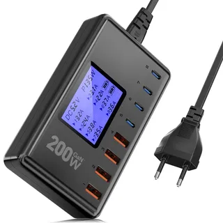 200W GaN Ladegerät Mehrfach: 8-Port Netzteil Mit 4 PD 30W USB-C Und 4 QC 18W USB-A, Schnellladegerät Power Adapter Für iPhone 15 14 13 Pro/Max, iPad, Samsung S24/S23
