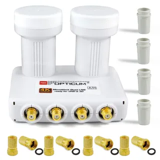Opticum Monoblock Quad LNB LMQP für 4 Teilnehmer, 2 Satelliten Astra 19.2 + Hotbird 13 Empfang - digital Doppel Sat LMB Kopf Mono-Block 0.1dB Full HD, 4K, 8K, UHD + 8 F-Stecker gratis Sterndiscount