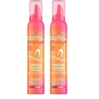 L'Oréal Paris Elvital Schaumfestiger für Locken und Wellen, Pflegender Haarschaum für langes, gewelltes Haar, 24h Duft, Mit Vitaminen und Rizinusöl, Dream Waves Mousse, 1 x 200 ml (Packung mit 2)
