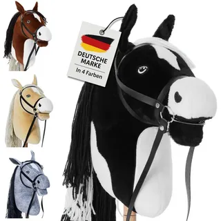 hoofly Hoofly® Hobby Horse Pferde – Großes Steckenpferd für Kinder A3 mit Trense & 40 cm Schraubstab | Realistisches & weiches Stockpferd Schwarz (Schecke) | Hobby Horsing Pferd in 4 liebevollen Farben