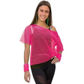 Oblique Unique® Netzshirt Damen 80er Jahre - Neon Grün & Pink – Sexy Netzoberteil, Netztop und Netzhemd für Frauen – Kostüm für Party, Fasching, Karneval, Festival Outfit und Clubwear – Größe 38-42 - 38-42