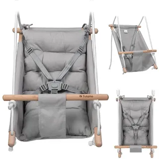 Kinderschaukel Tulano Hop 40 | Schaukel Babywippe Babyliegesitz 3in1 | 5-Punkt-Gurt | Tragfähigkeit bis 60kg | 6-36 Monaten | aus Holz | Grau Weiß - Grau/Weiß