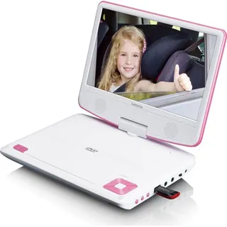 Lenco DVP-920PK - 9 Zoll tragbarer DVD-Spieler mit Kopfhörer und Kopfstützenbefestigung - integrierter Akku - USB-Eingang - Pink/Weiß - Rosa