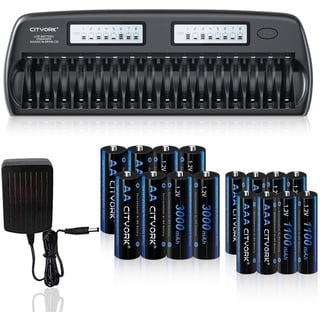 CITYORK 16 Bay LCD Smart AA/AAA-Ladegerät mit 8 AA 3000 mAh-Akkus und 8 AA 1100 mAh-Akkus (8X AA + 8X AAA Akku+Ladegerät)