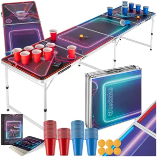 Tectake tectake® Bierpongtisch, aus Aluminium, mit LED-Beleuchtung, bodenschonende Kunststofffüße, inklusive 100 Bechern, 6 Bällen und Kartentrinkspiel