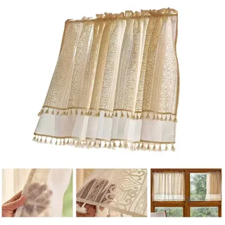 BTTO V&G Scheibengardine Kurze Fenster Gardinen Vorhänge,Bistrogardine,Beige mit Quasten (1 St), Boho Fransen/W-Muster Spitzenfransen/Doppellagige Spitzenfransen 76 cm x 61 cm