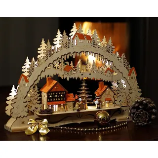 Wichtelstube-Kollektion LED Schwibbogen Weihnachtsstadt Holz mit Timer 44cm | Handbemalte Winterfiguren, beleuchtete Häuser – festliche Stadtszene für die Fensterbank, mit Batterie oder Trafo