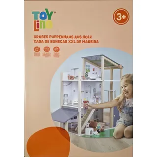 Puppenhaus XXL aus Holz Toylino mit LED über 80 Teile 3 Etagen, Treppe, Rutsche
