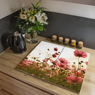 banjado Herdabdeckplatte Glas 2-teilig 60x52cm - Schneidebrett Herdabdeckung - Herdabdeckplatten Ceranfeld 2-teilig - Schneidebrett Glas - Motiv Schmuckkörbchen