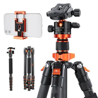 K&F Concept 172cm Carbon Stativ, D255C4(SA255C1) Kompaktes Kamera Handy Stativ, Leichtes Tripod mit Einbeinstativ-Funktion, 1/4”Gewinde Reisestativ mit 360° Kugelkopf für Spiegelreflexkamera