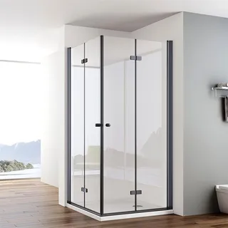 IMPTS Duschkabine Schwarz Eckeinstieg 70x75cm Falttür Doppel Drehfalttür Rahmenlos Faltdusche 180o Duschabtrennung Faltbar 6mm ESG Sicherheitsglas Höhe 185cm, OHNE Duschwanne