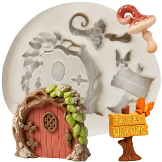 Sijiangmold Verzaubertem Vintage Garten Silikonformen Feen Haustür Pilz Holzstraßenschild Fondantform Für Kuchendekoration Schokolade Cupcake Topper Süßigkeiten Polymer Ton Blütenpaste