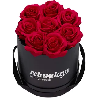 Relaxdays Rosenbox rund, 8 Rosen, stabile Flowerbox schwarz, lange haltbar, Geschenkidee, dekorative Blumenbox, rot, 17 x 17 x 17 cm