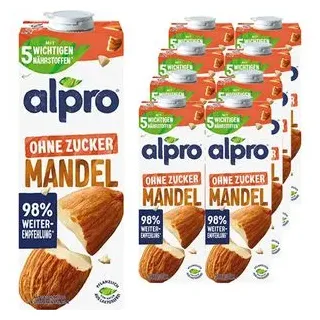 alpro Mandeldrink ohne Zucker, zuckerfrei, je 1 Liter, 8 Stück