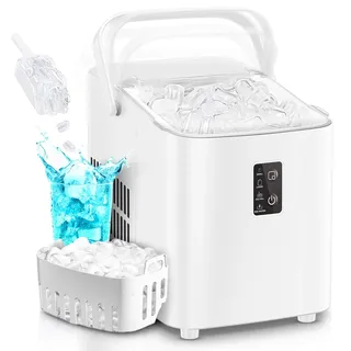 FOHERE Eiswürfelmaschine, Eiswürfel in 5 Minuten, 14KG in 24 Stunden, Selbstreinigender Mini Eiswürfelbereiter, 2 Eiswürfel Größen für Küche, Büro, Bar und Party, Leicht zu Tragender Griff, Weiß