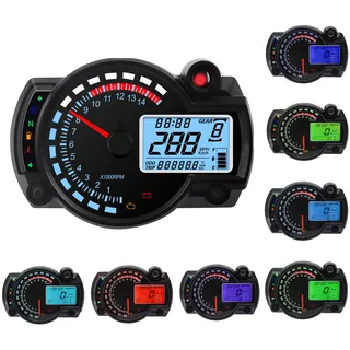 Geloo 14000RPM Motorrad Kilometerzähle Tachometer LCD Digital Motorrad | RX2N Kilometerzähler Instrument einstellbar, Tachometer mit Geschwindigkeitssensor 0-299 KM/H 7Farben Hintergrundbeleuchtung