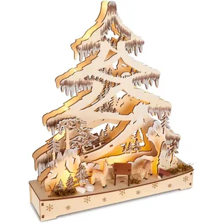 Brubaker 3D Lichterbogen - LED Schwibbogen - Tannenbaum Wald - Weihnachtsbeleuchtung aus Holz Natur - 34 x 28 x 9 cm - Handbemalte Figuren - Weihnachtsdeko für Tisch & Fenster
