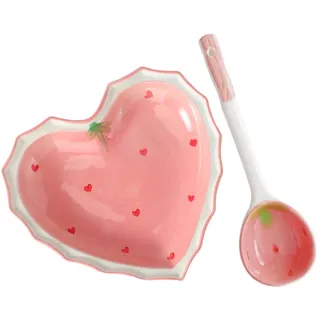 TOYZFRIENDY Herzförmiges Keramik Geschirrset Erdbeer Motiv Unterglasur Farben Salatschale Dessertschale mit Löffel für Obst und Snacks