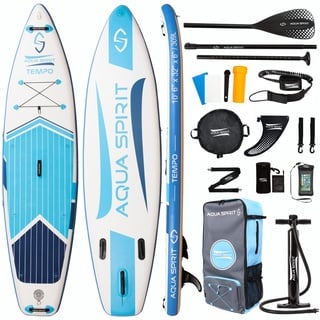 Aqua Spirit Aufblasbares Stand Up Paddle Board SUP Tempo Komplett-Set - 320x81x15cm - Erwachsene Anfänger/Experten - mit Rucksack, Leine, Paddel, Wickelauflage und 2 Jahre Garantie Blau 320cm